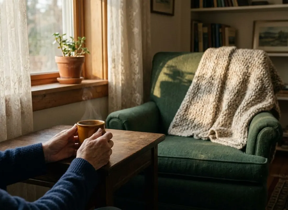 A warm safe-house living room in afternoon light with a mug of tea and a knit blanket