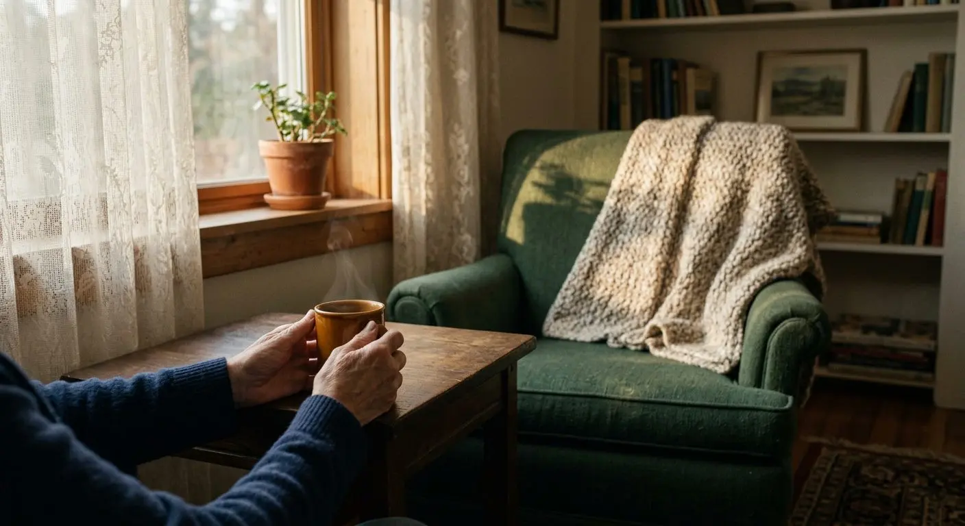 A warm safe-house living room in afternoon light with a mug of tea and a knit blanket