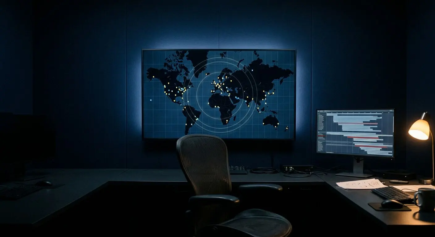 A dark operations room at night with a wall display showing a world map marked with small glowing points
