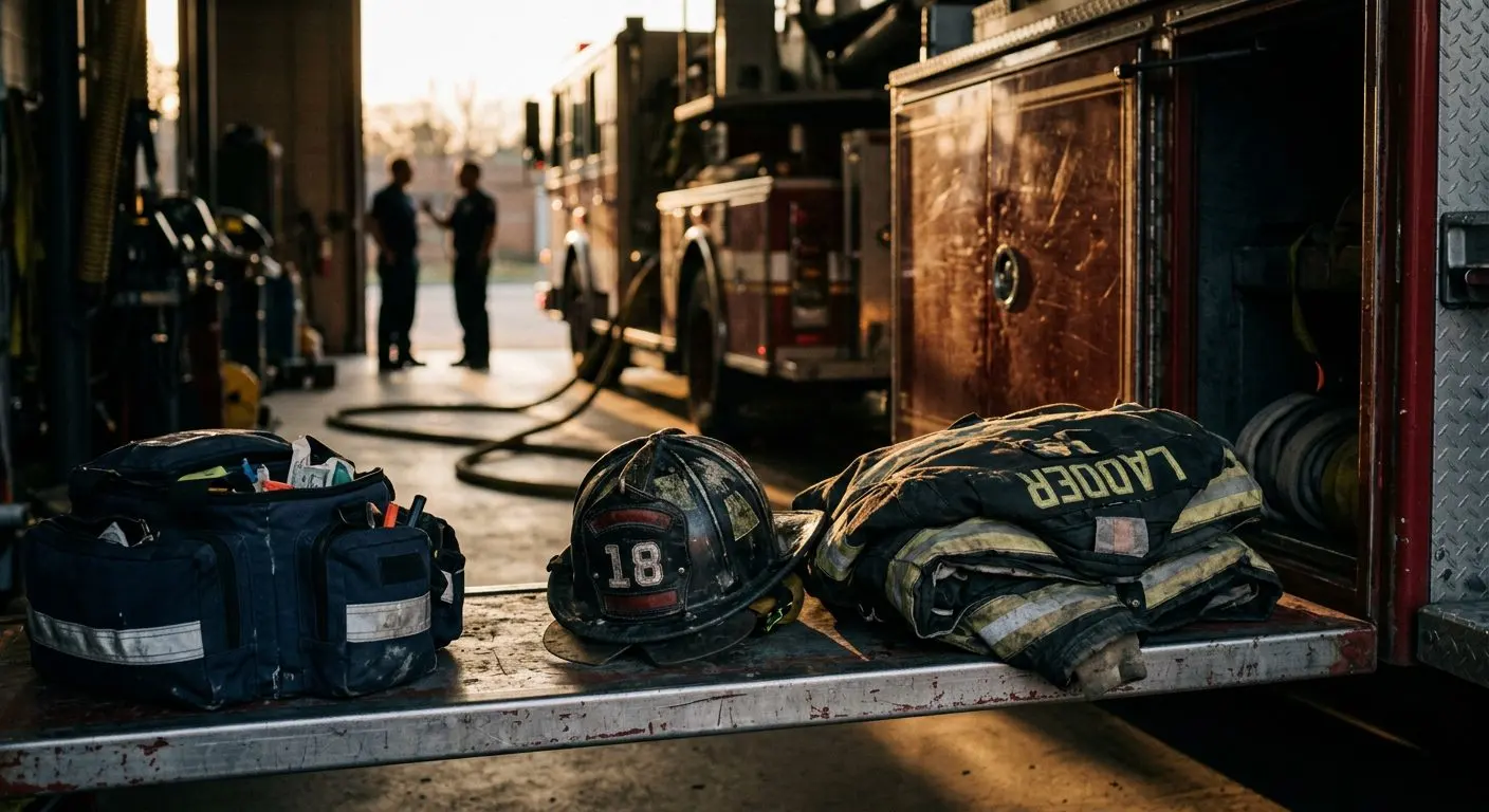 First responders conferring beside a staged equipment truck at dusk