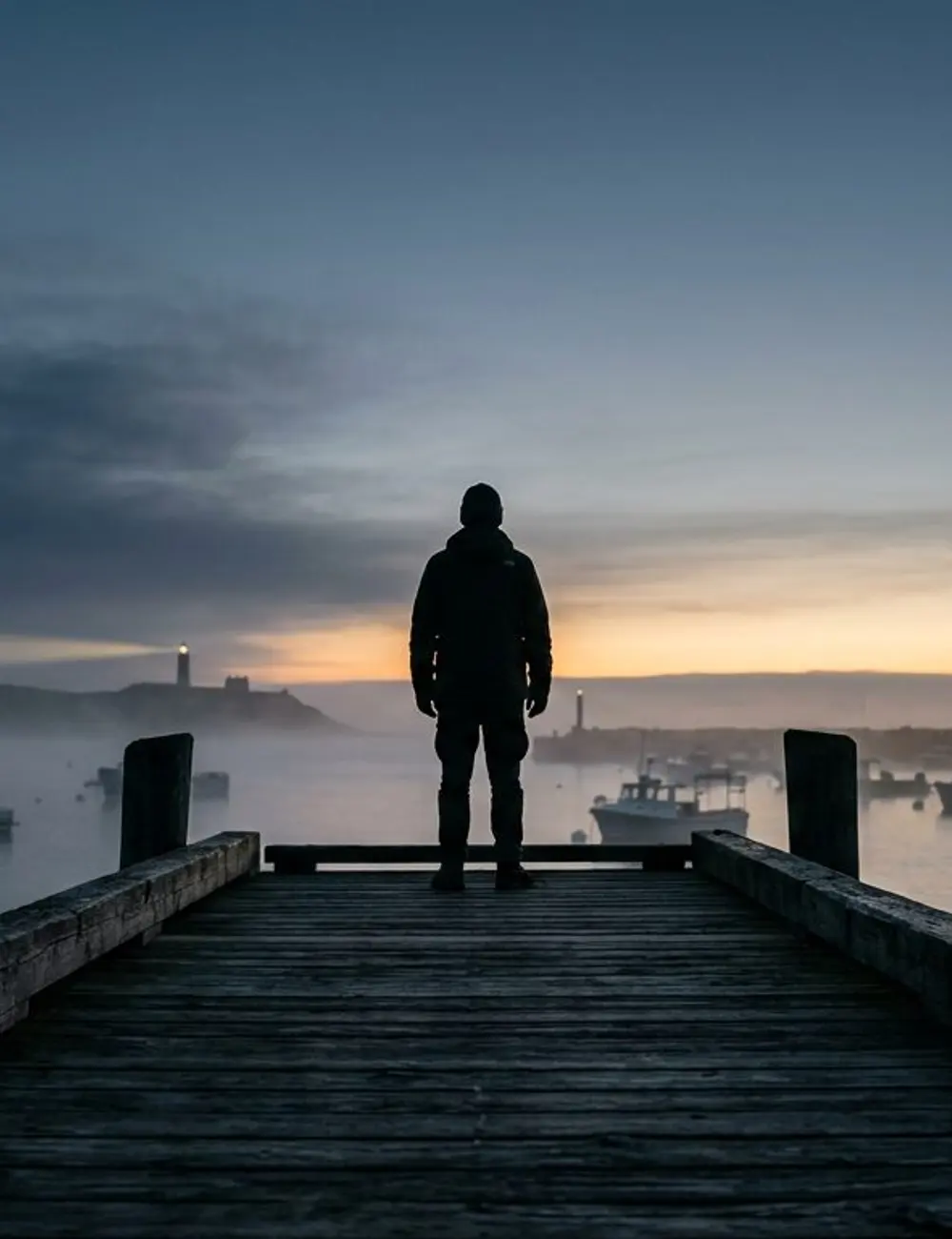 A lone figure at the end of a pier looking out over a fog-covered harbor at dawn