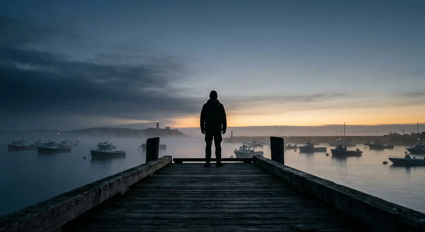 A lone figure at the end of a pier looking out over a fog-covered harbor at dawn