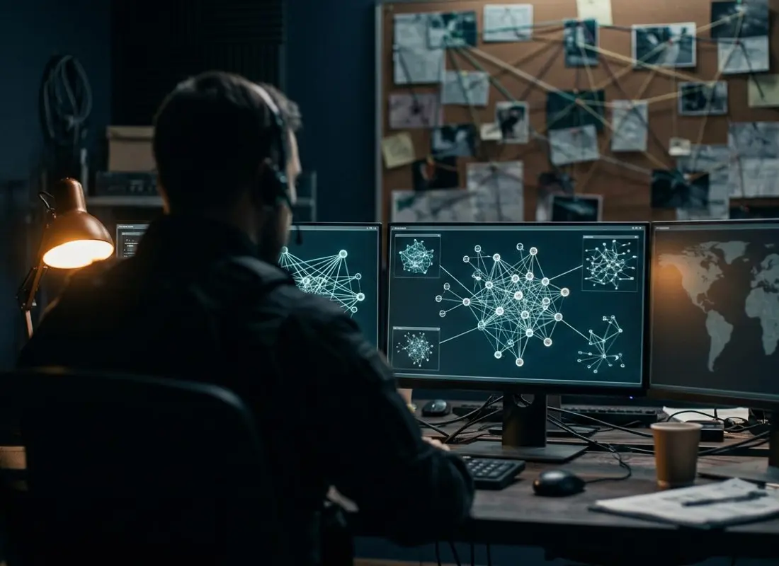 An analyst working at night in front of monitors showing network link diagrams