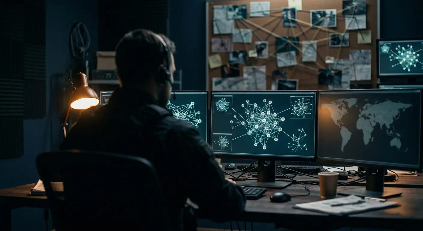 An analyst working at night in front of monitors showing network link diagrams