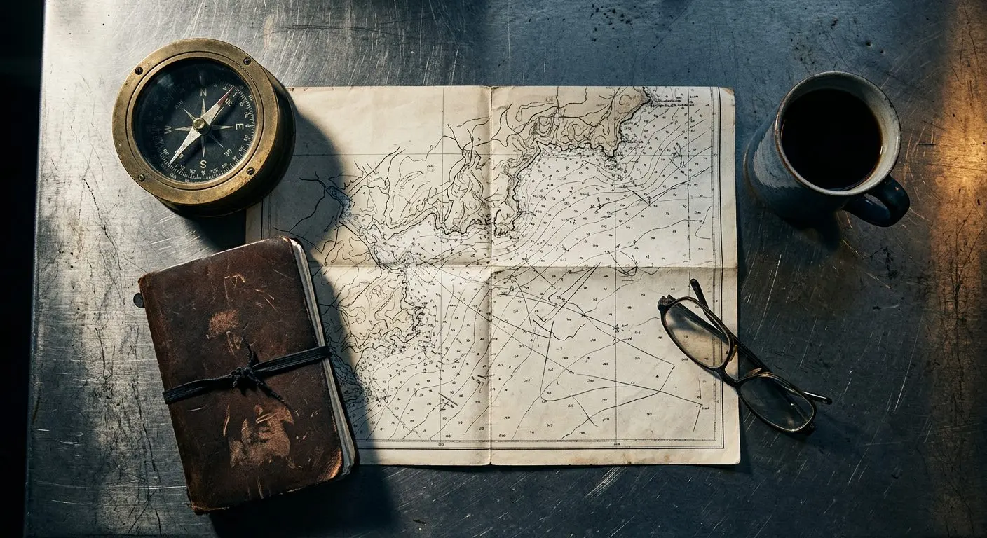 An overhead view of a folded coastal chart, brass compass, notebook and cup of coffee on a steel table