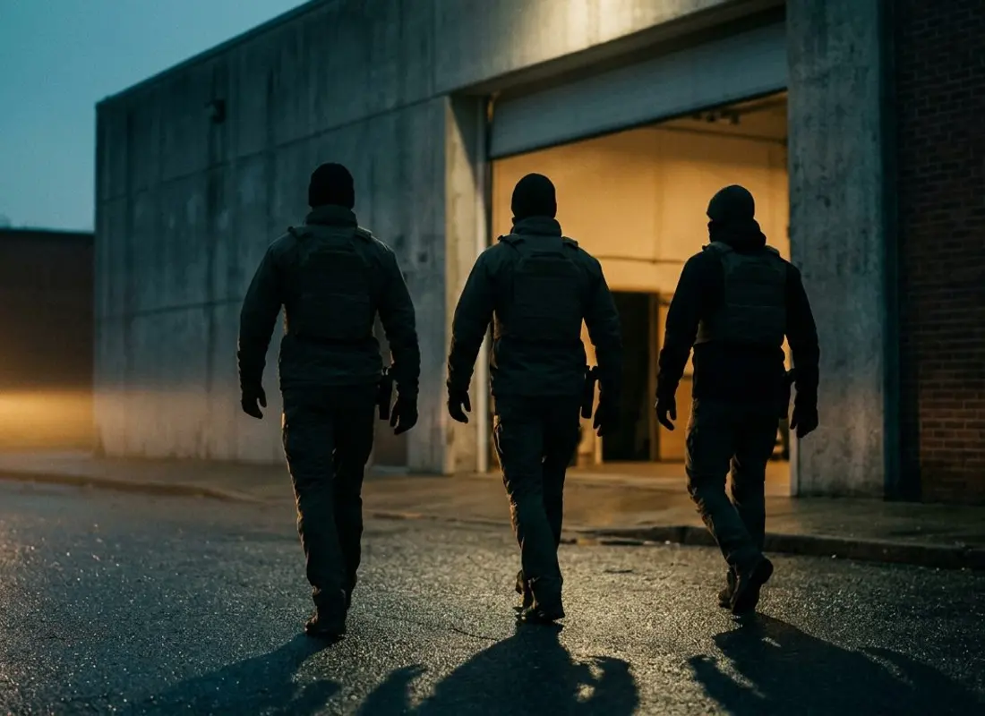 Three team members walking toward an industrial doorway at dusk, seen from behind